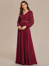 ever ESMÉE|Pleated Double V-Neck Long Sleeves Shiny Belt Chiffon Evening Dress