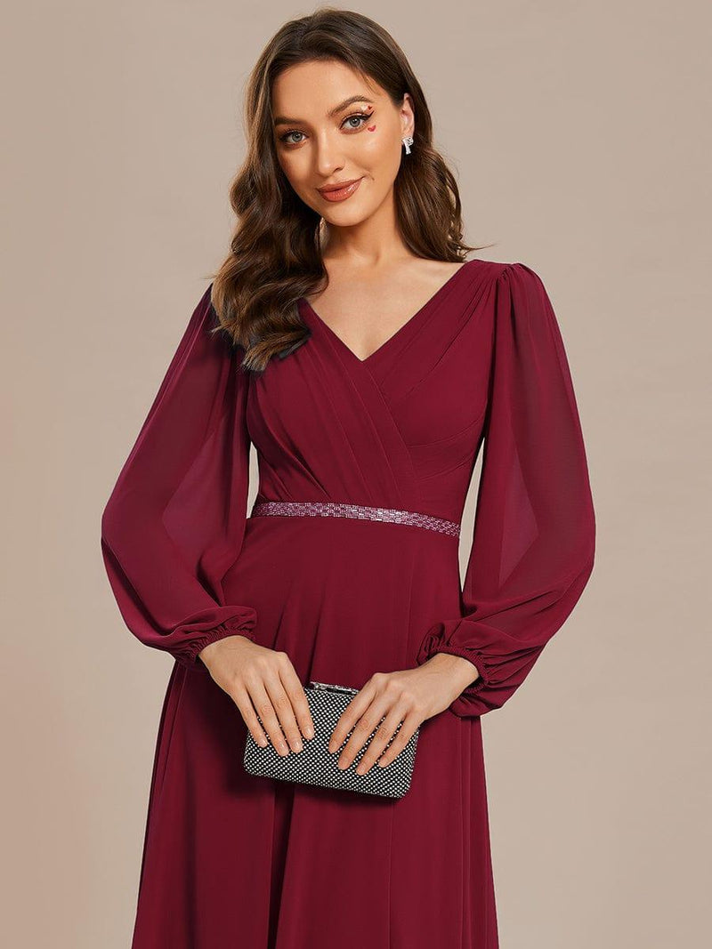 ever ESMÉE|Pleated Double V-Neck Long Sleeves Shiny Belt Chiffon Evening Dress