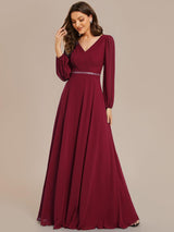 ever ESMÉE|Pleated Double V-Neck Long Sleeves Shiny Belt Chiffon Evening Dress
