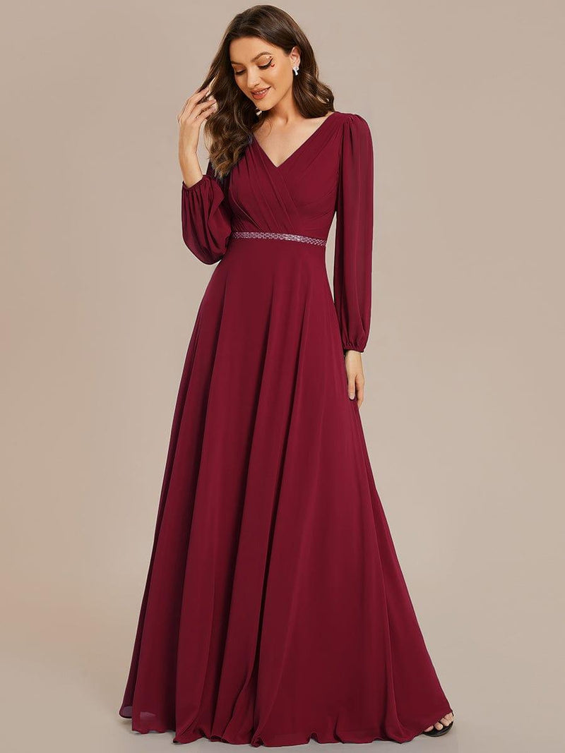 ever ESMÉE|Pleated Double V-Neck Long Sleeves Shiny Belt Chiffon Evening Dress