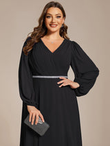 pretty ESMÉE|Plus Size A-Line V-Neck See-Through Long Sleeves Shiny Belt Chiffon Evening Dress