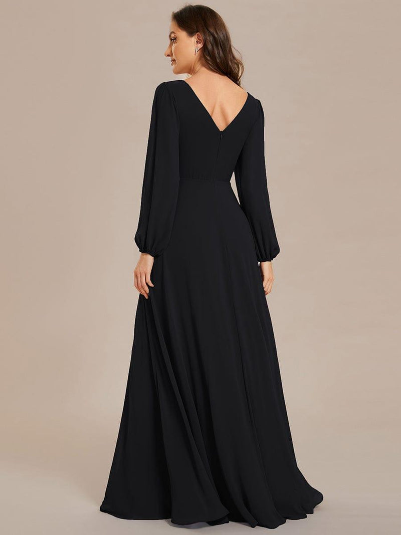 ever ESMÉE|Pleated Double V-Neck Long Sleeves Shiny Belt Chiffon Evening Dress