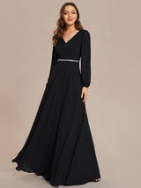 ever ESMÉE|Pleated Double V-Neck Long Sleeves Shiny Belt Chiffon Evening Dress