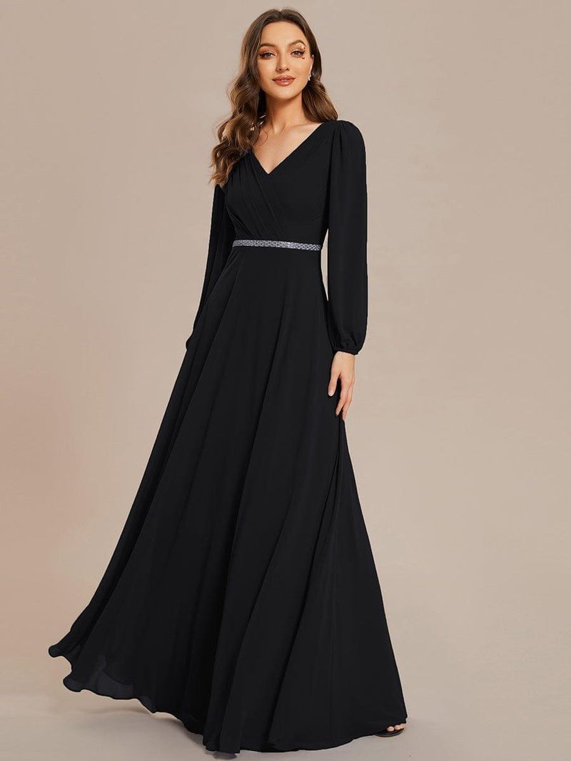 ever ESMÉE|Pleated Double V-Neck Long Sleeves Shiny Belt Chiffon Evening Dress