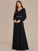 ever ESMÉE|Pleated Double V-Neck Long Sleeves Shiny Belt Chiffon Evening Dress