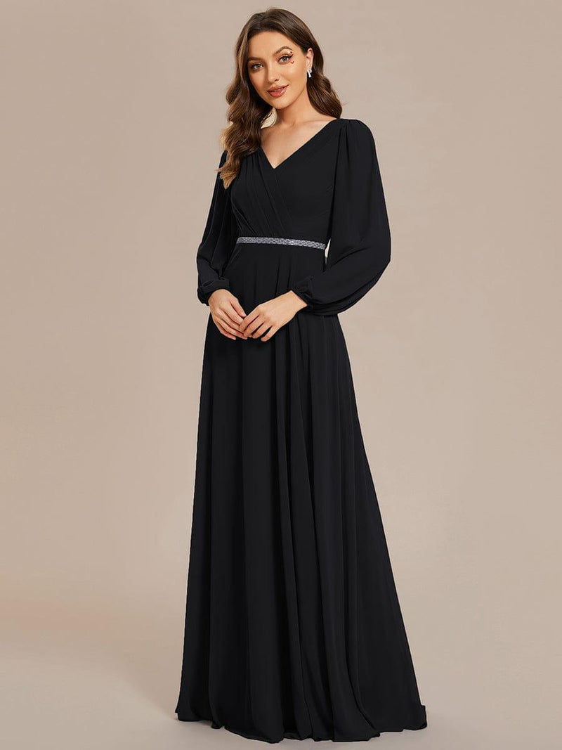 ever ESMÉE|Pleated Double V-Neck Long Sleeves Shiny Belt Chiffon Evening Dress
