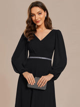 ever ESMÉE|Pleated Double V-Neck Long Sleeves Shiny Belt Chiffon Evening Dress