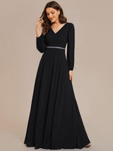 ever ESMÉE|Pleated Double V-Neck Long Sleeves Shiny Belt Chiffon Evening Dress