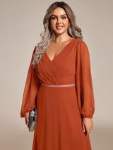 pretty ESMÉE|Plus Size A-Line V-Neck See-Through Long Sleeves Shiny Belt Chiffon Evening Dress