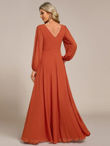 ever ESMÉE|Pleated Double V-Neck Long Sleeves Shiny Belt Chiffon Evening Dress