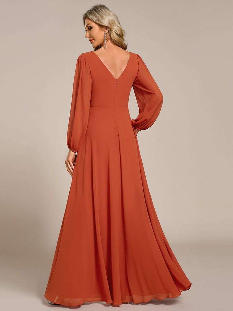 ever ESMÉE|Pleated Double V-Neck Long Sleeves Shiny Belt Chiffon Evening Dress