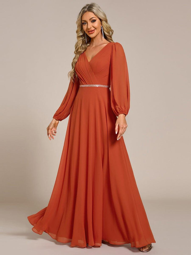 ever ESMÉE|Pleated Double V-Neck Long Sleeves Shiny Belt Chiffon Evening Dress