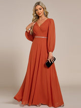 ever ESMÉE|Pleated Double V-Neck Long Sleeves Shiny Belt Chiffon Evening Dress