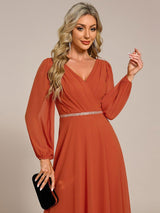 ever ESMÉE|Pleated Double V-Neck Long Sleeves Shiny Belt Chiffon Evening Dress