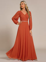 ever ESMÉE|Pleated Double V-Neck Long Sleeves Shiny Belt Chiffon Evening Dress