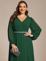 pretty ESMÉE|Plus Size A-Line V-Neck See-Through Long Sleeves Shiny Belt Chiffon Evening Dress