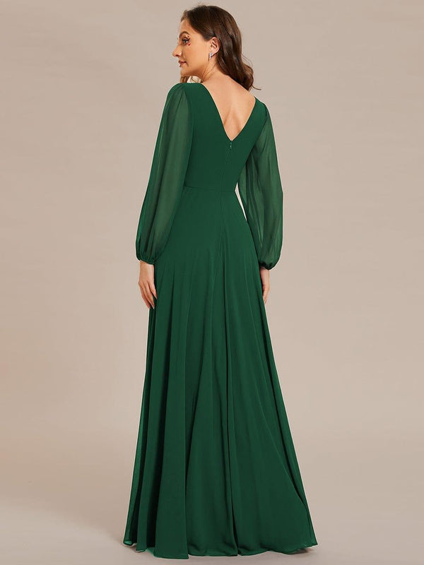 ever ESMÉE|Pleated Double V-Neck Long Sleeves Shiny Belt Chiffon Evening Dress