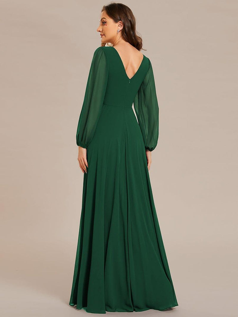 ever ESMÉE|Pleated Double V-Neck Long Sleeves Shiny Belt Chiffon Evening Dress