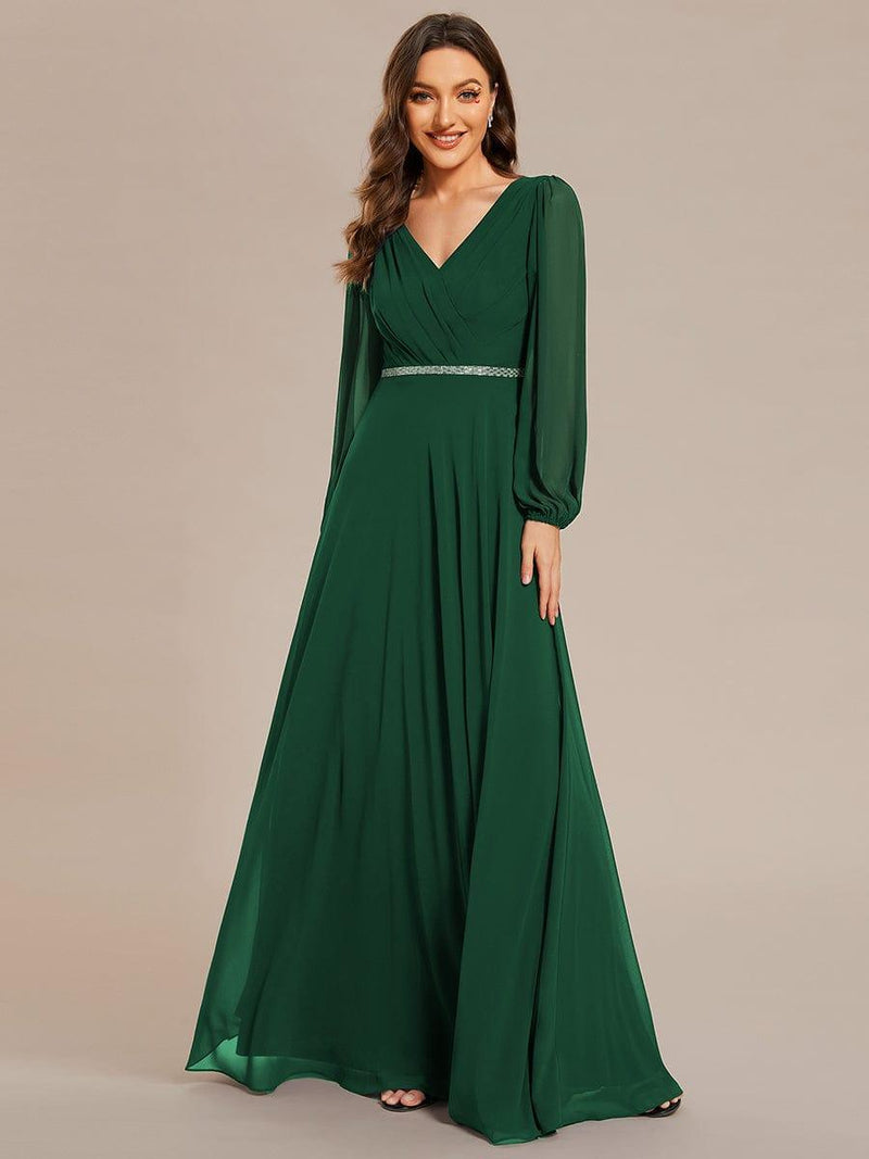 ever ESMÉE|Pleated Double V-Neck Long Sleeves Shiny Belt Chiffon Evening Dress