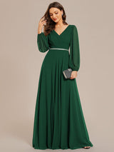 ever ESMÉE|Pleated Double V-Neck Long Sleeves Shiny Belt Chiffon Evening Dress