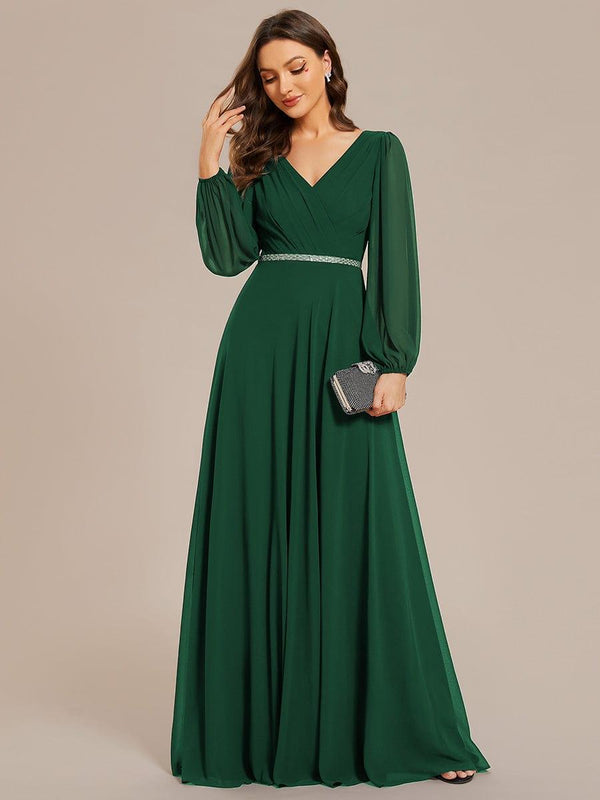 ever ESMÉE|Pleated Double V-Neck Long Sleeves Shiny Belt Chiffon Evening Dress