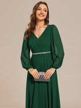 ever ESMÉE|Pleated Double V-Neck Long Sleeves Shiny Belt Chiffon Evening Dress