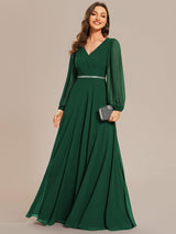 ever ESMÉE|Pleated Double V-Neck Long Sleeves Shiny Belt Chiffon Evening Dress