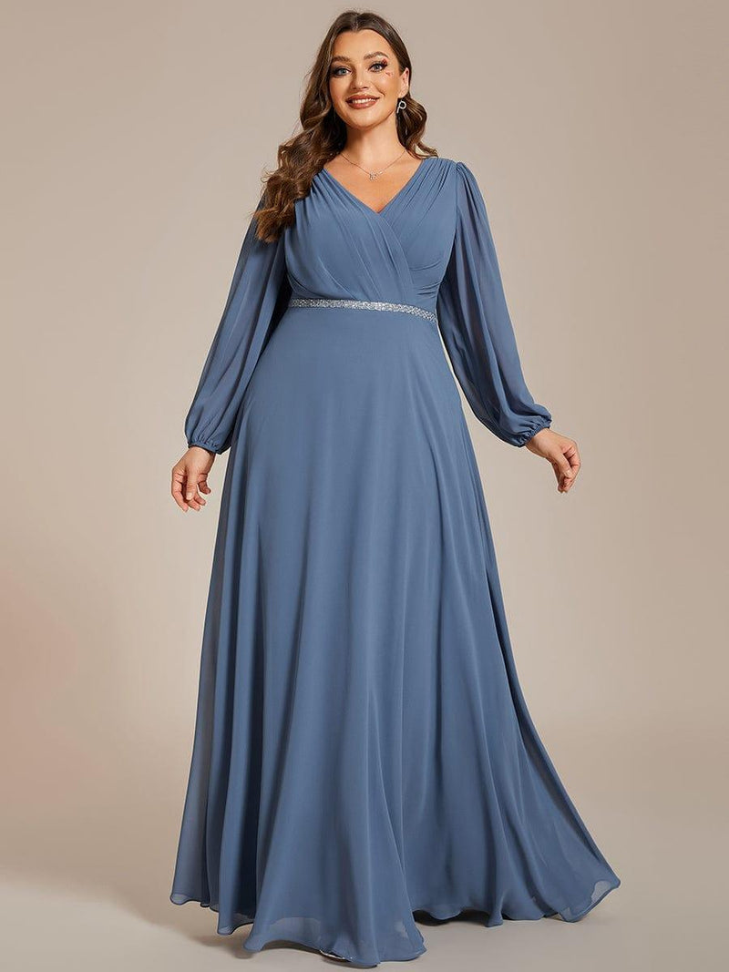 ever ESMÉE|Pleated Double V-Neck Long Sleeves Shiny Belt Chiffon Evening Dress
