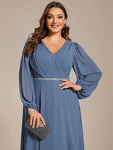 pretty ESMÉE|Plus Size A-Line V-Neck See-Through Long Sleeves Shiny Belt Chiffon Evening Dress