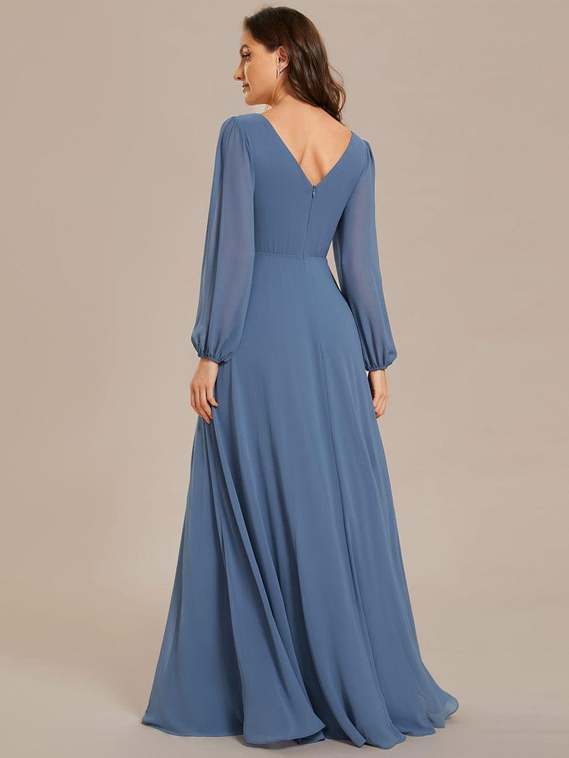 ever ESMÉE|Pleated Double V-Neck Long Sleeves Shiny Belt Chiffon Evening Dress