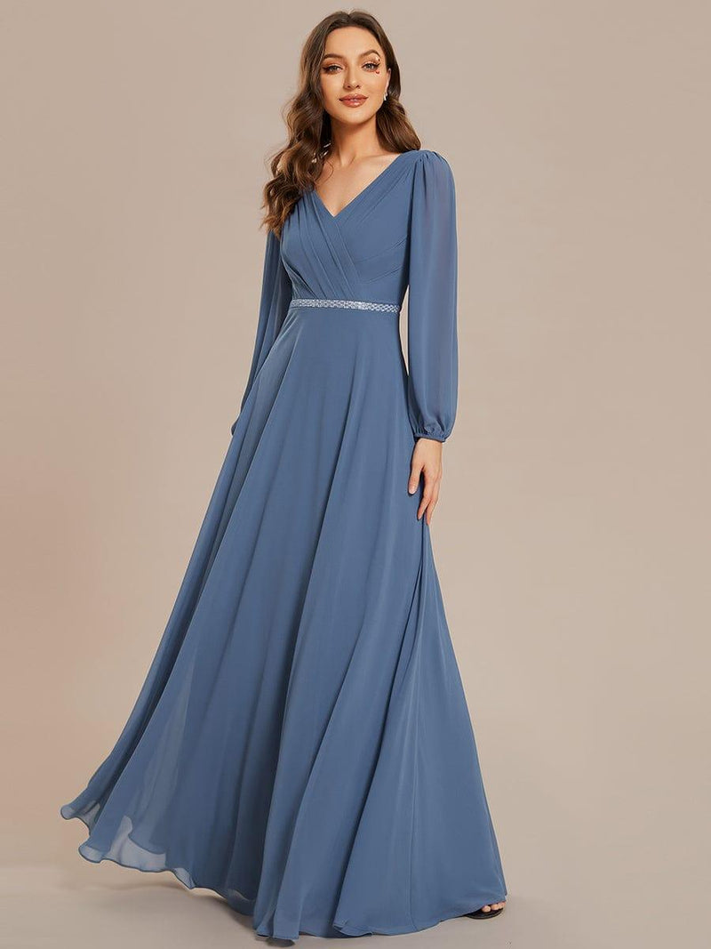 ever ESMÉE|Pleated Double V-Neck Long Sleeves Shiny Belt Chiffon Evening Dress