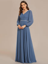 ever ESMÉE|Pleated Double V-Neck Long Sleeves Shiny Belt Chiffon Evening Dress