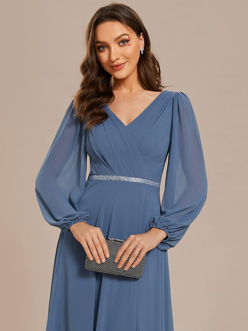 ever ESMÉE|Pleated Double V-Neck Long Sleeves Shiny Belt Chiffon Evening Dress