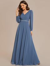 ever ESMÉE|Pleated Double V-Neck Long Sleeves Shiny Belt Chiffon Evening Dress
