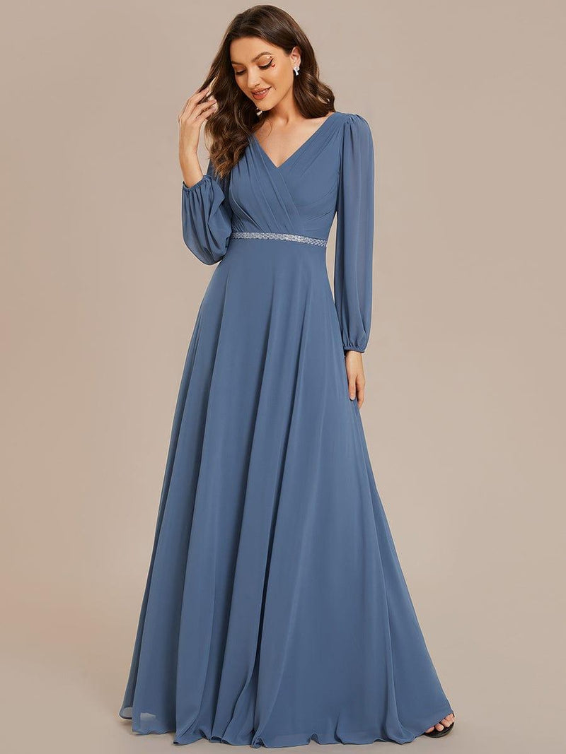 ever ESMÉE|Pleated Double V-Neck Long Sleeves Shiny Belt Chiffon Evening Dress