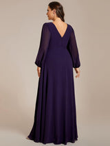 ever ESMÉE|Pleated Double V-Neck Long Sleeves Shiny Belt Chiffon Evening Dress