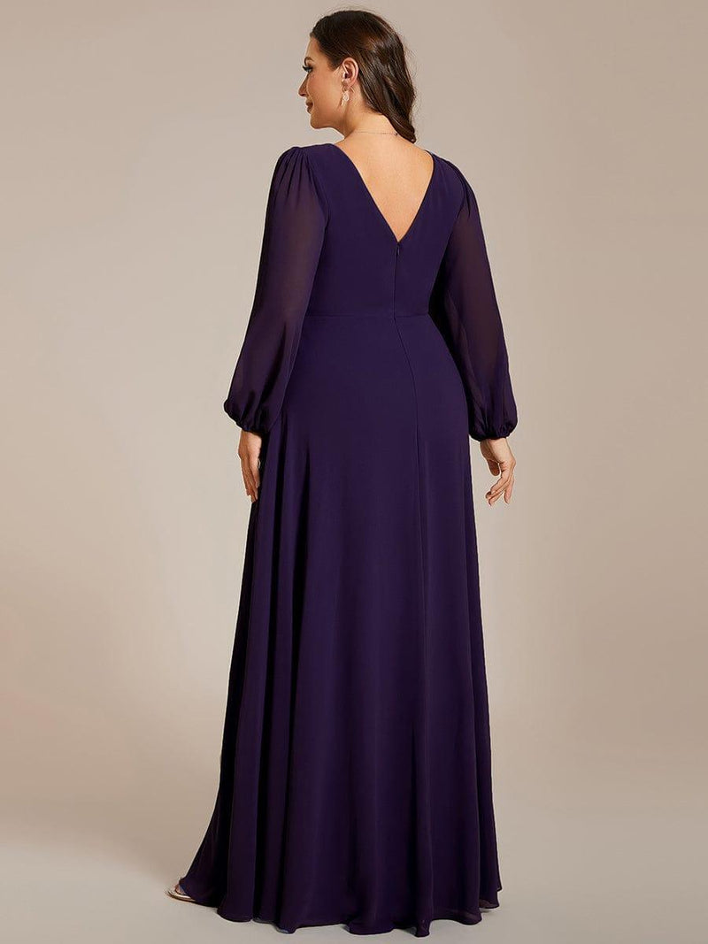 ever ESMÉE|Pleated Double V-Neck Long Sleeves Shiny Belt Chiffon Evening Dress
