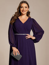 pretty ESMÉE|Plus Size A-Line V-Neck See-Through Long Sleeves Shiny Belt Chiffon Evening Dress