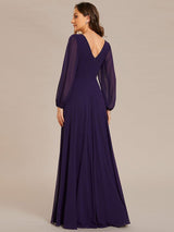 ever ESMÉE|Pleated Double V-Neck Long Sleeves Shiny Belt Chiffon Evening Dress