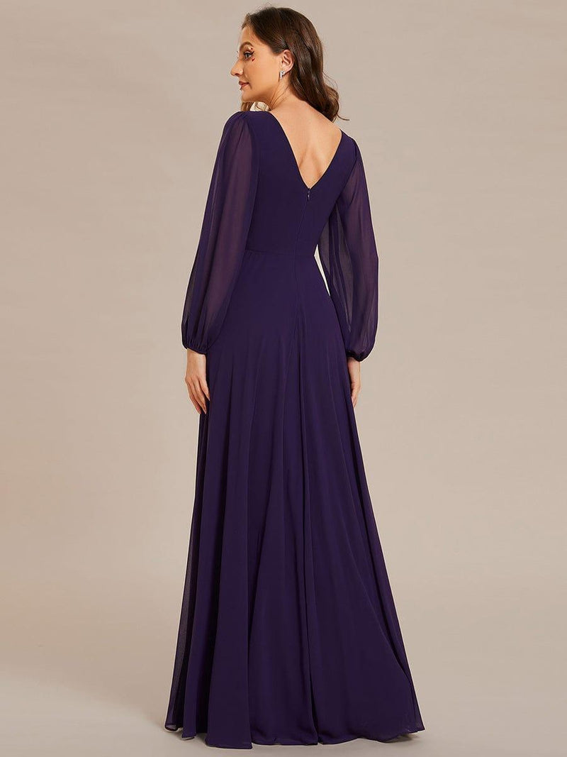ever ESMÉE|Pleated Double V-Neck Long Sleeves Shiny Belt Chiffon Evening Dress