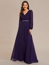 ever ESMÉE|Pleated Double V-Neck Long Sleeves Shiny Belt Chiffon Evening Dress