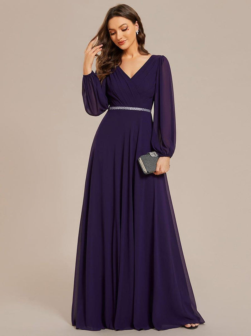 ever ESMÉE|Pleated Double V-Neck Long Sleeves Shiny Belt Chiffon Evening Dress