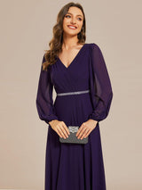 ever ESMÉE|Pleated Double V-Neck Long Sleeves Shiny Belt Chiffon Evening Dress
