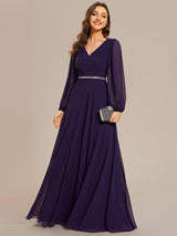 ever ESMÉE|Pleated Double V-Neck Long Sleeves Shiny Belt Chiffon Evening Dress