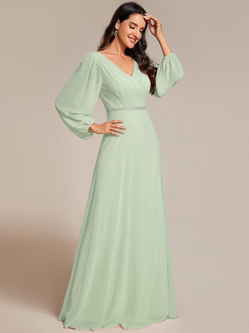 ever ESMÉE|Pleated Double V-Neck Long Sleeves Shiny Belt Chiffon Evening Dress