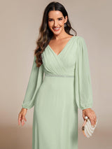 ever ESMÉE|Pleated Double V-Neck Long Sleeves Shiny Belt Chiffon Evening Dress