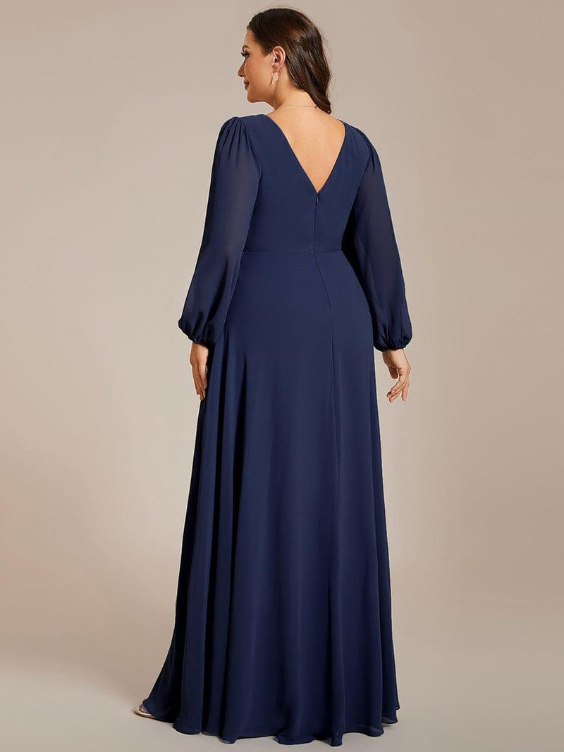 ever ESMÉE|Pleated Double V-Neck Long Sleeves Shiny Belt Chiffon Evening Dress