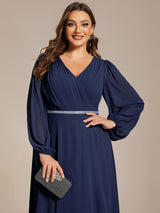 pretty ESMÉE|Plus Size A-Line V-Neck See-Through Long Sleeves Shiny Belt Chiffon Evening Dress