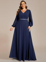 ever ESMÉE|Pleated Double V-Neck Long Sleeves Shiny Belt Chiffon Evening Dress