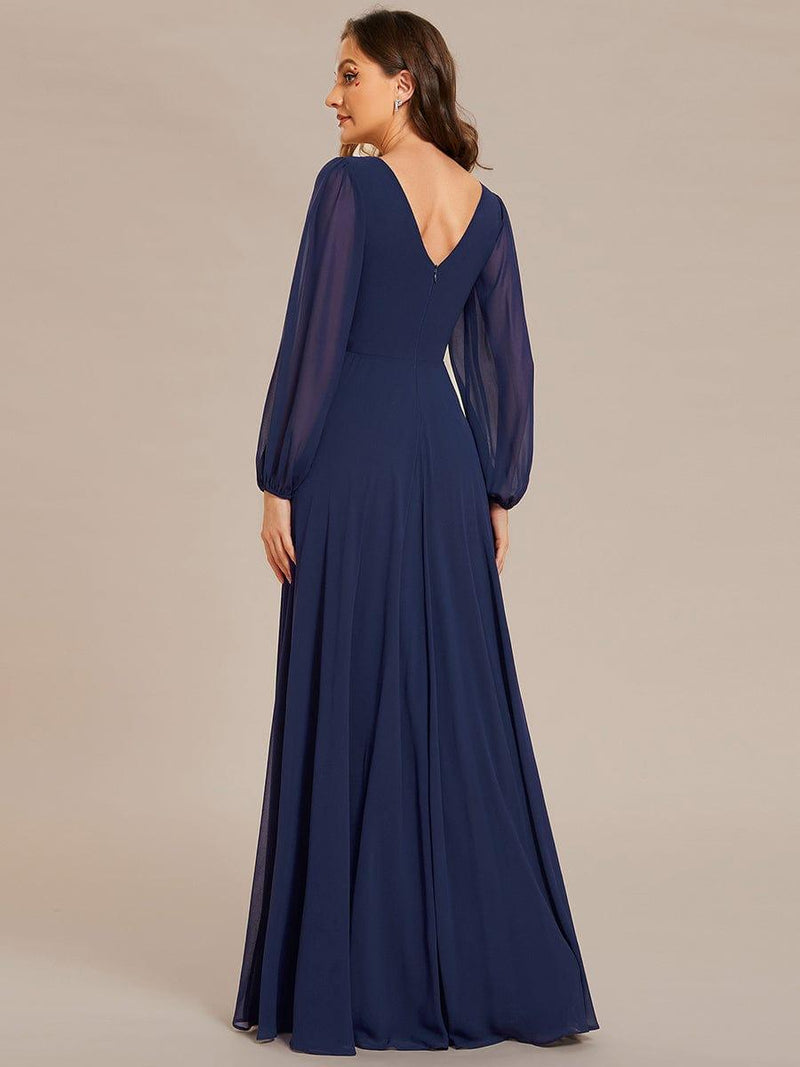 ever ESMÉE|Pleated Double V-Neck Long Sleeves Shiny Belt Chiffon Evening Dress